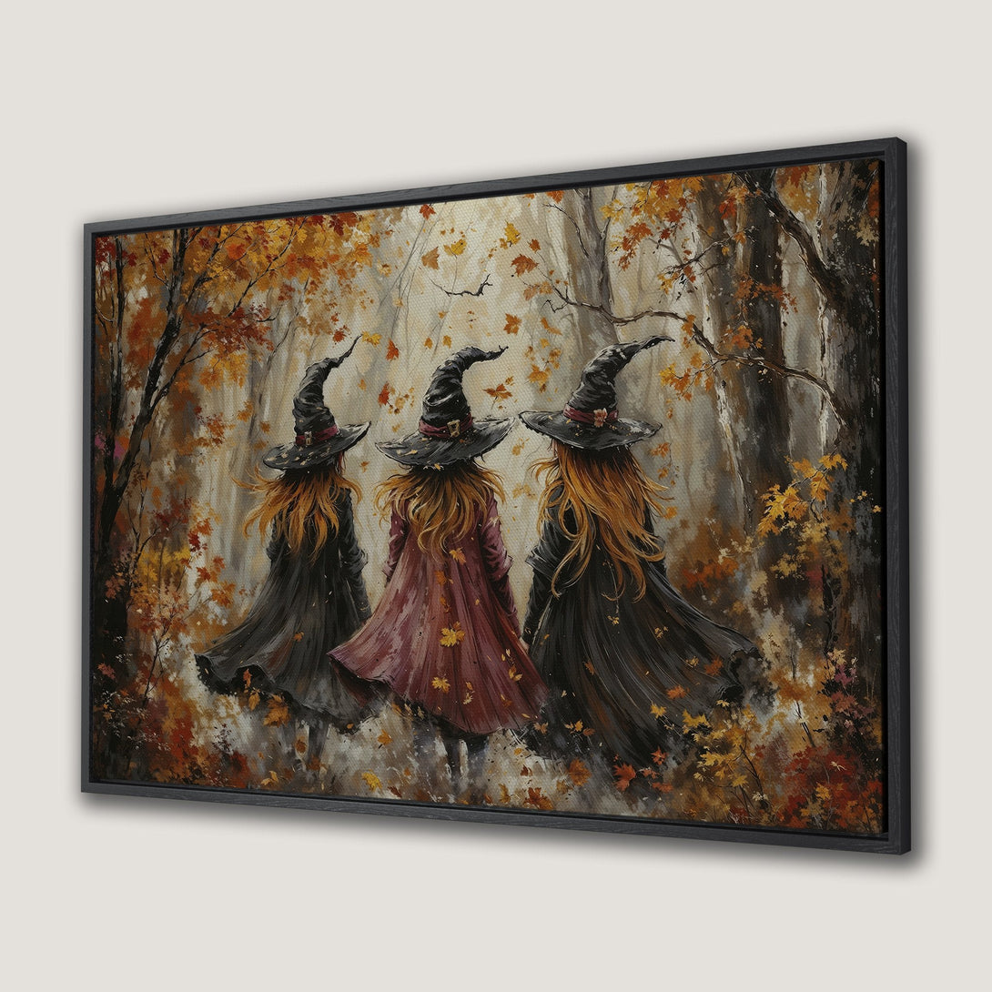 Framed Wall Art: Three witches in a forest, autumn colors. Perfect Halloween decor! Warm fall palette, impressionistic style.