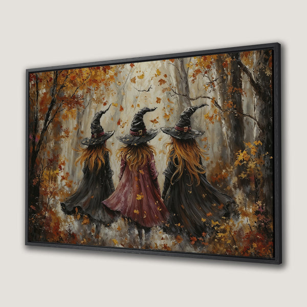 Framed Wall Art: Three witches in a forest, autumn colors. Perfect Halloween decor! Warm fall palette, impressionistic style.