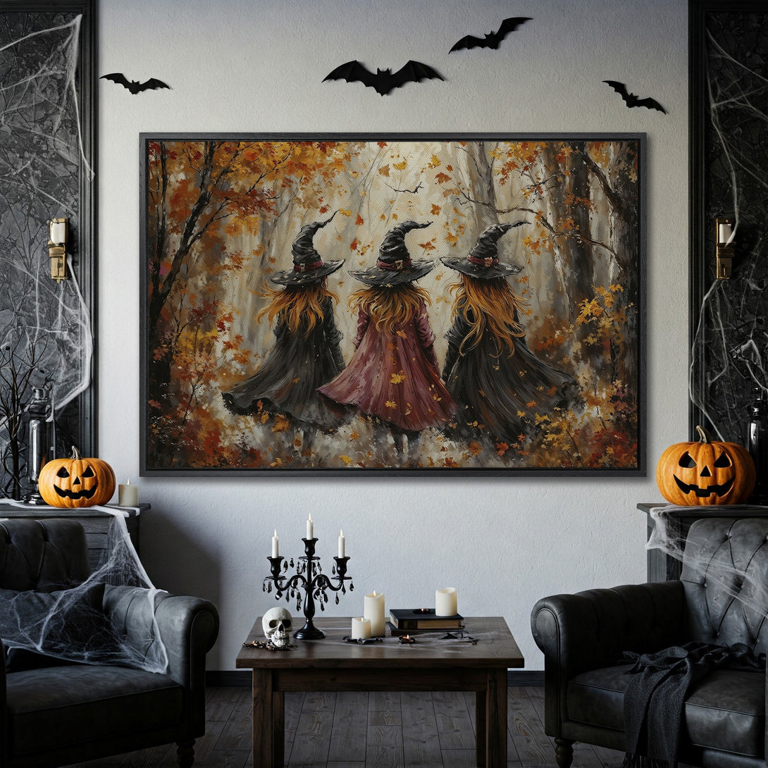 Framed Wall Art: Enchanting witch painting in autumnal hues. Perfect Halloween decor, adding a touch of magic to your space.