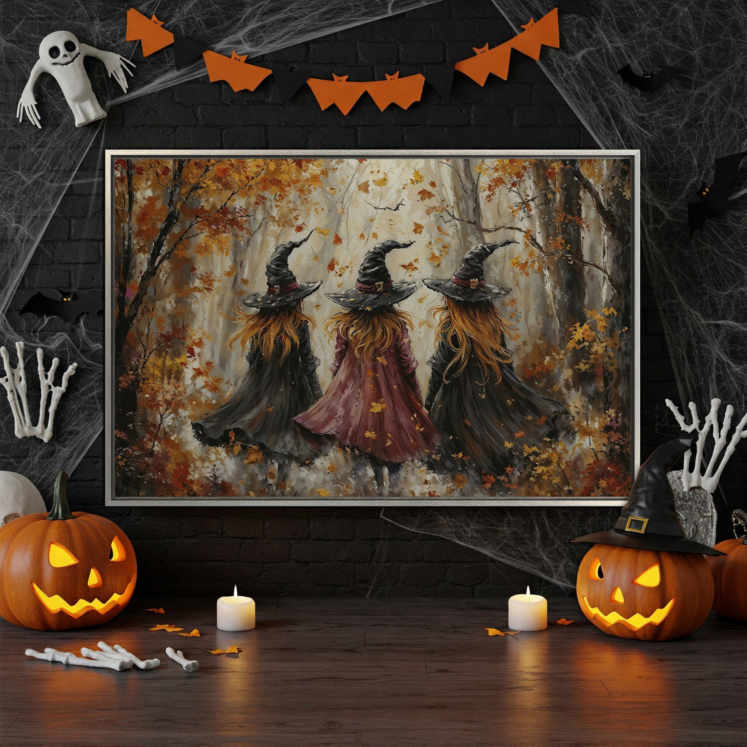 Framed Wall Art: Autumn witch painting with warm orange, brown, and black tones. Perfect Halloween decor for your home!