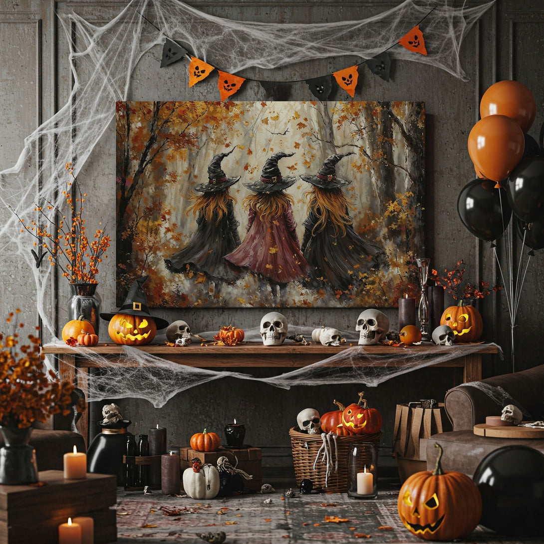 Framed Wall Art: Witch painting in autumn forest. Warm orange & brown tones. Perfect Halloween decor. Add spooky style to your home!