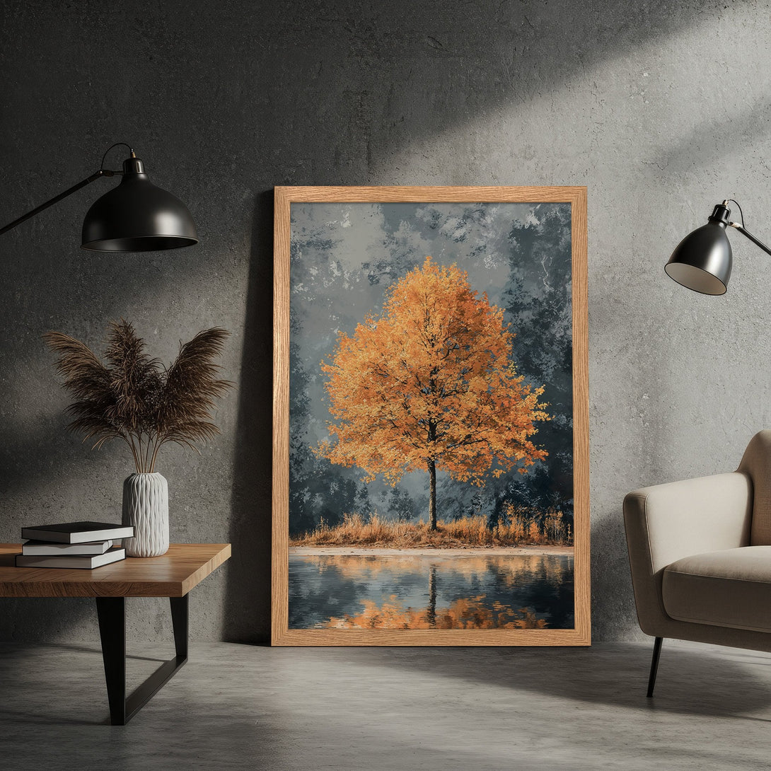 Framed Poster featuring an autumn tree landscape in a painterly style with warm orange and cool blue tones. Perfect wall art!