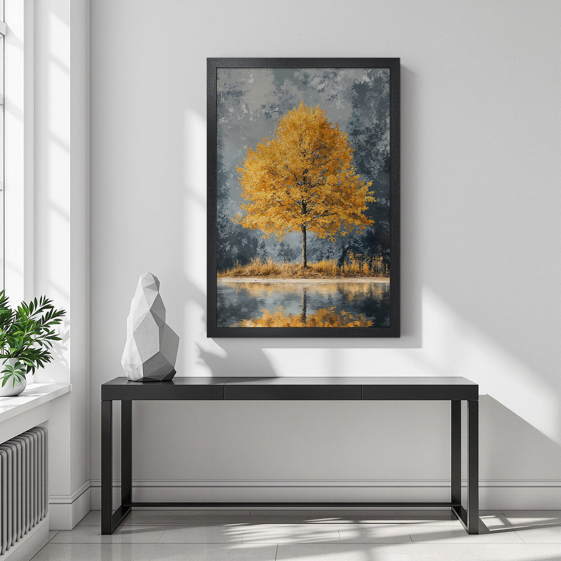 Framed Poster featuring a vibrant golden tree reflection. Artistic style with a calming grey and yellow color palette. Perfect wall art for any space!