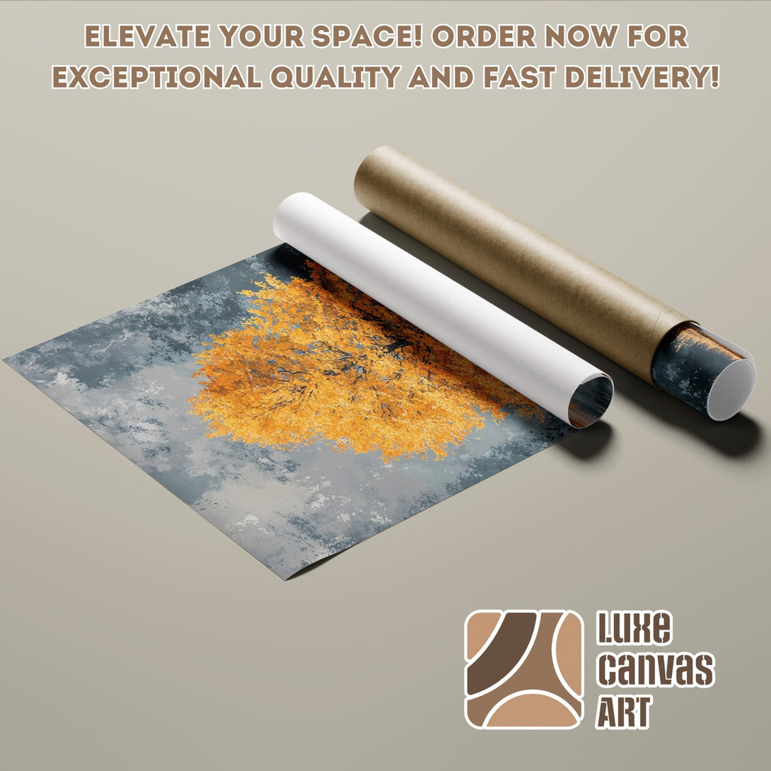 Poster Roll featuring a vibrant autumn tree painting. Artistic style with a warm yellow, gray, and brown color palette. Order your art today!