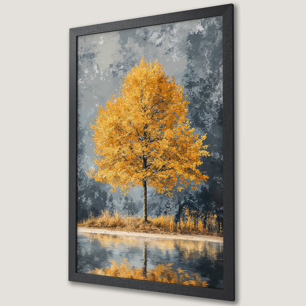 Framed Poster of a golden tree by a lake. Artistic style with a muted grey and yellow color palette. Perfect wall art.