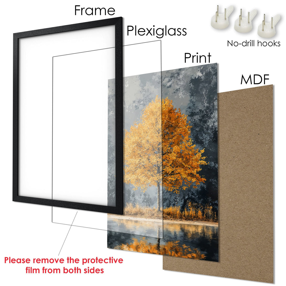Framed Poster featuring a vibrant autumn tree art print. Stylish, with a warm gold and gray color palette. Ready to hang.