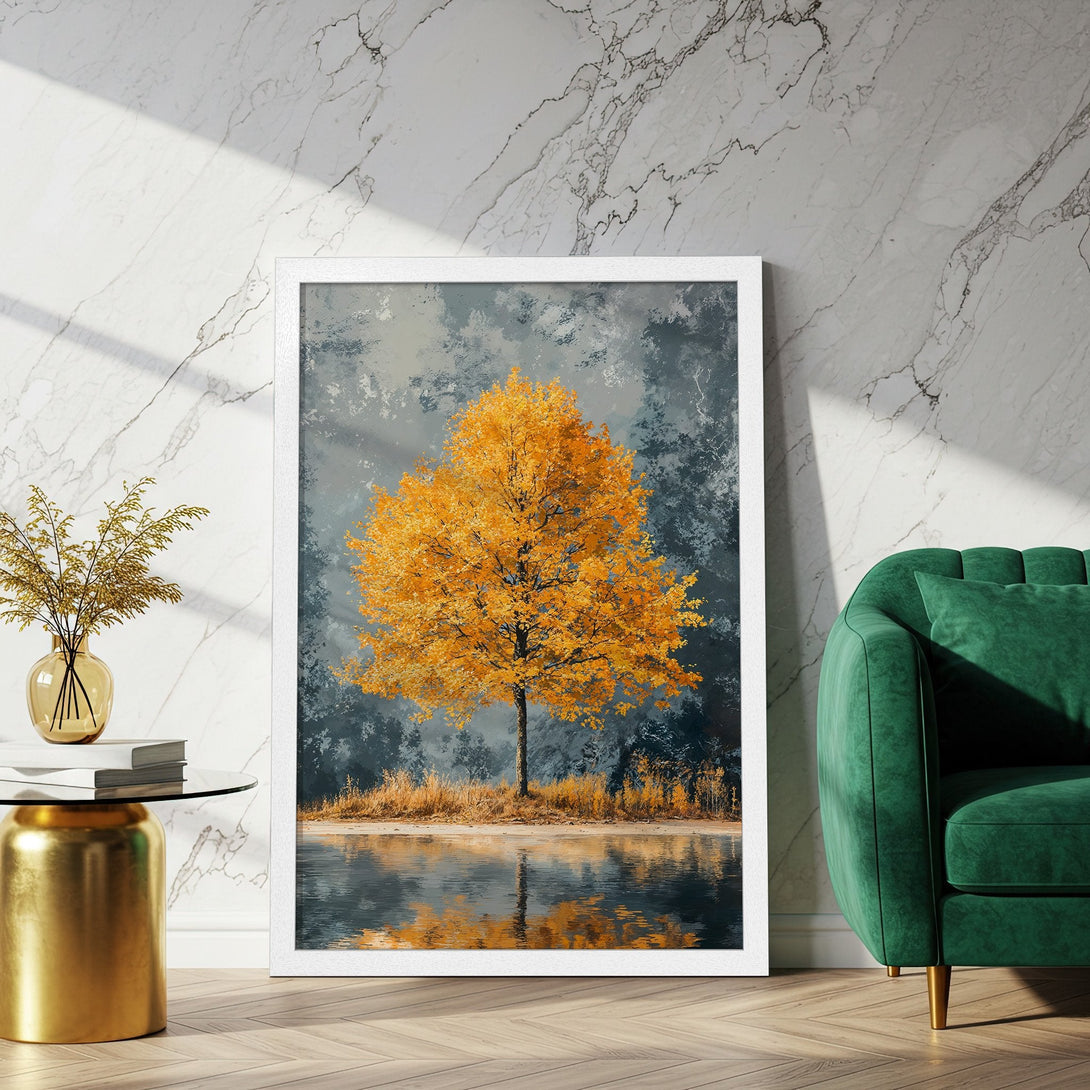Framed Poster featuring a vibrant autumn tree painting. Artistic style with a warm gold and cool gray color palette. Perfect wall art!