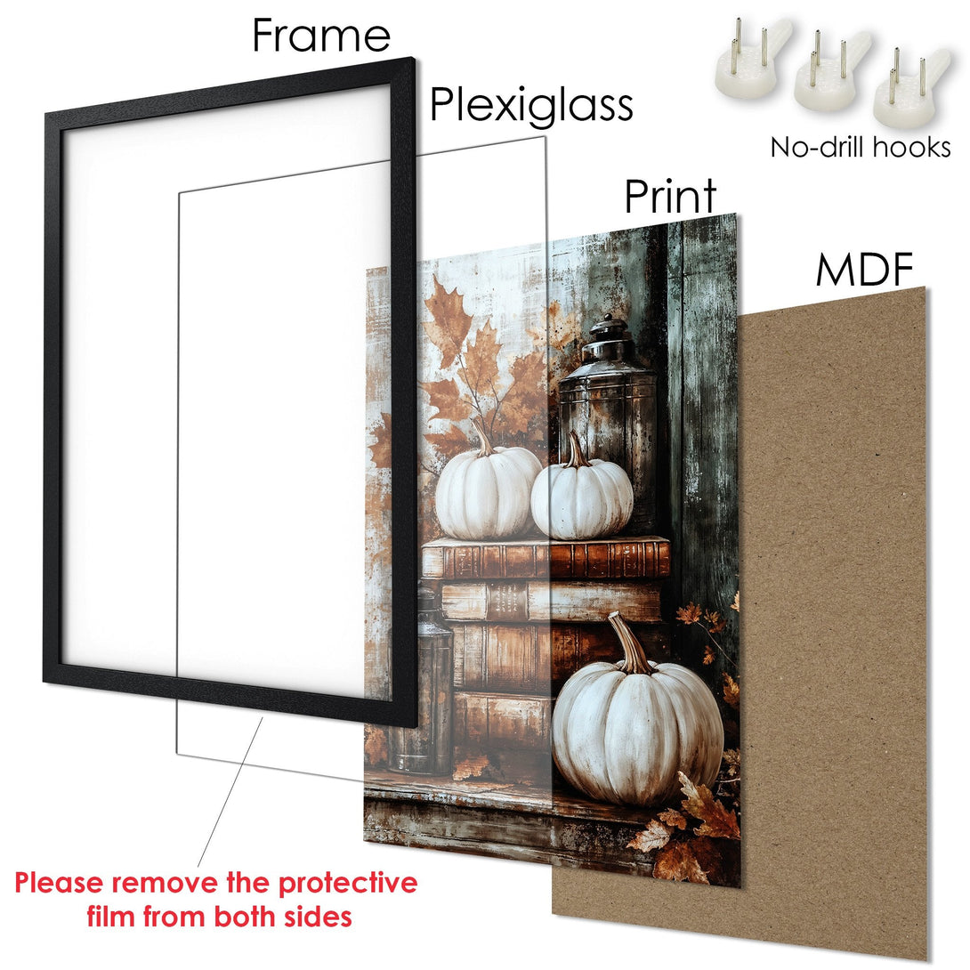 Framed Poster featuring pumpkins, fall leaves, and books in a rustic style with warm brown and white tones. Perfect autumn decor!