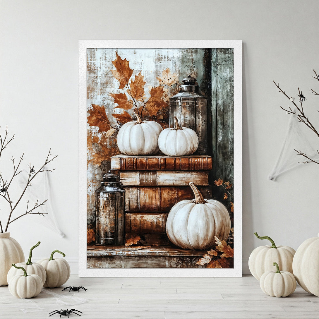 Framed Poster featuring pumpkins and fall leaves in a rustic style with a warm, neutral color palette, perfect for autumn decor.
