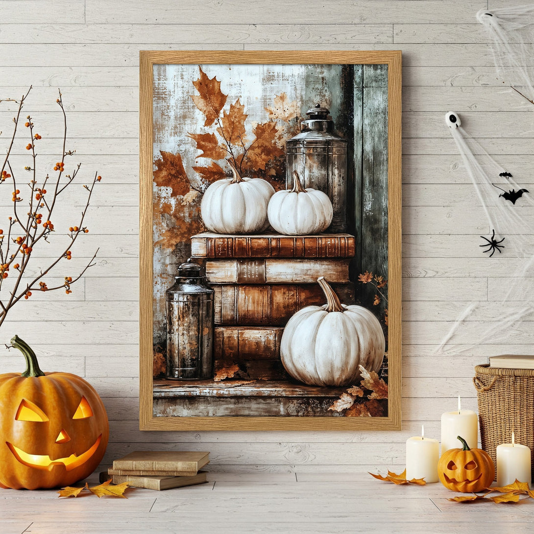 Framed Poster featuring pumpkins, leaves, and books in a rustic style with warm autumn tones. Perfect fall decor!