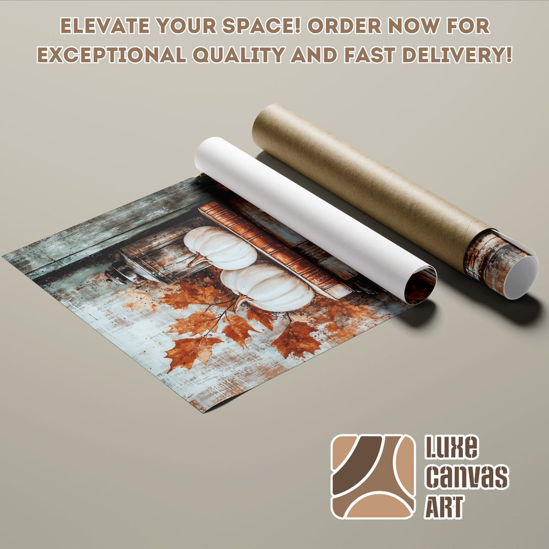 Poster Roll featuring pumpkins and autumn leaves, rustic style, warm color palette. Elevate your space!