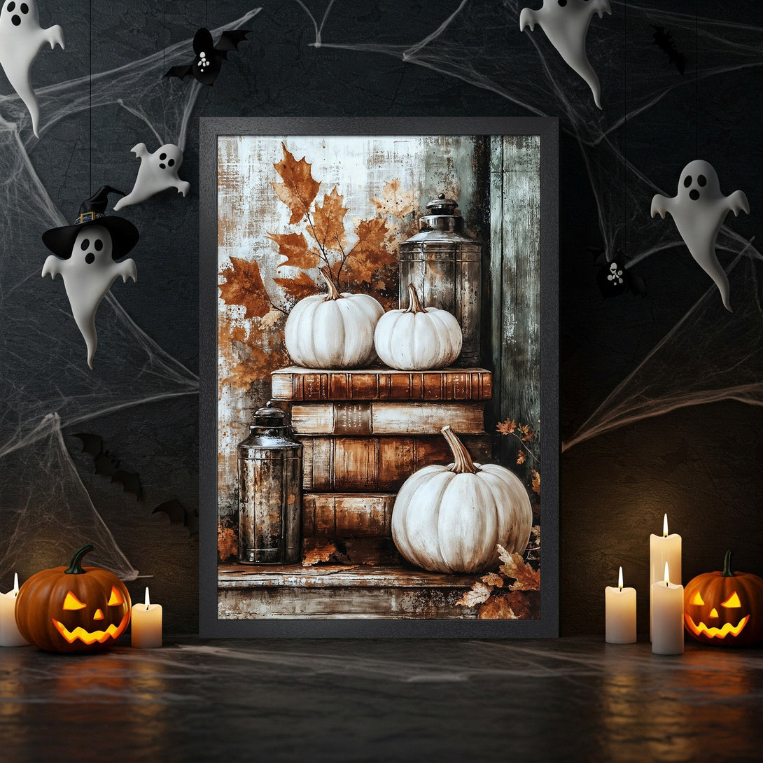 Framed Poster featuring pumpkins, books, and fall leaves in a rustic, vintage style with a warm, autumnal color palette. Perfect Halloween decor!