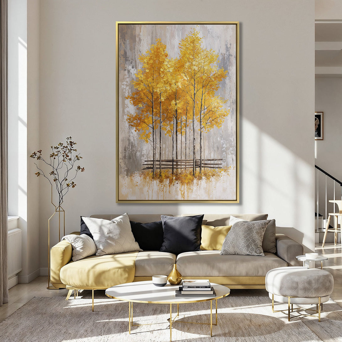 Canvas Print of autumn trees with yellow leaves, displayed in a kitchen. Features a neutral and warm color palette, perfect for home decor.