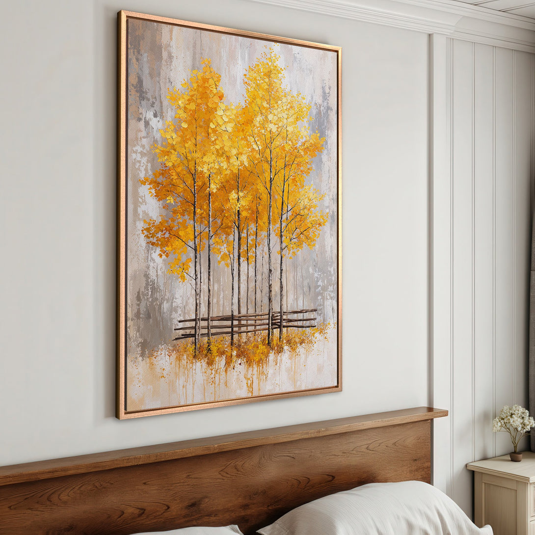 Framed Wall Art featuring an abstract landscape with yellow trees. Warm, inviting color palette perfect for adding a touch of nature to your home decor.