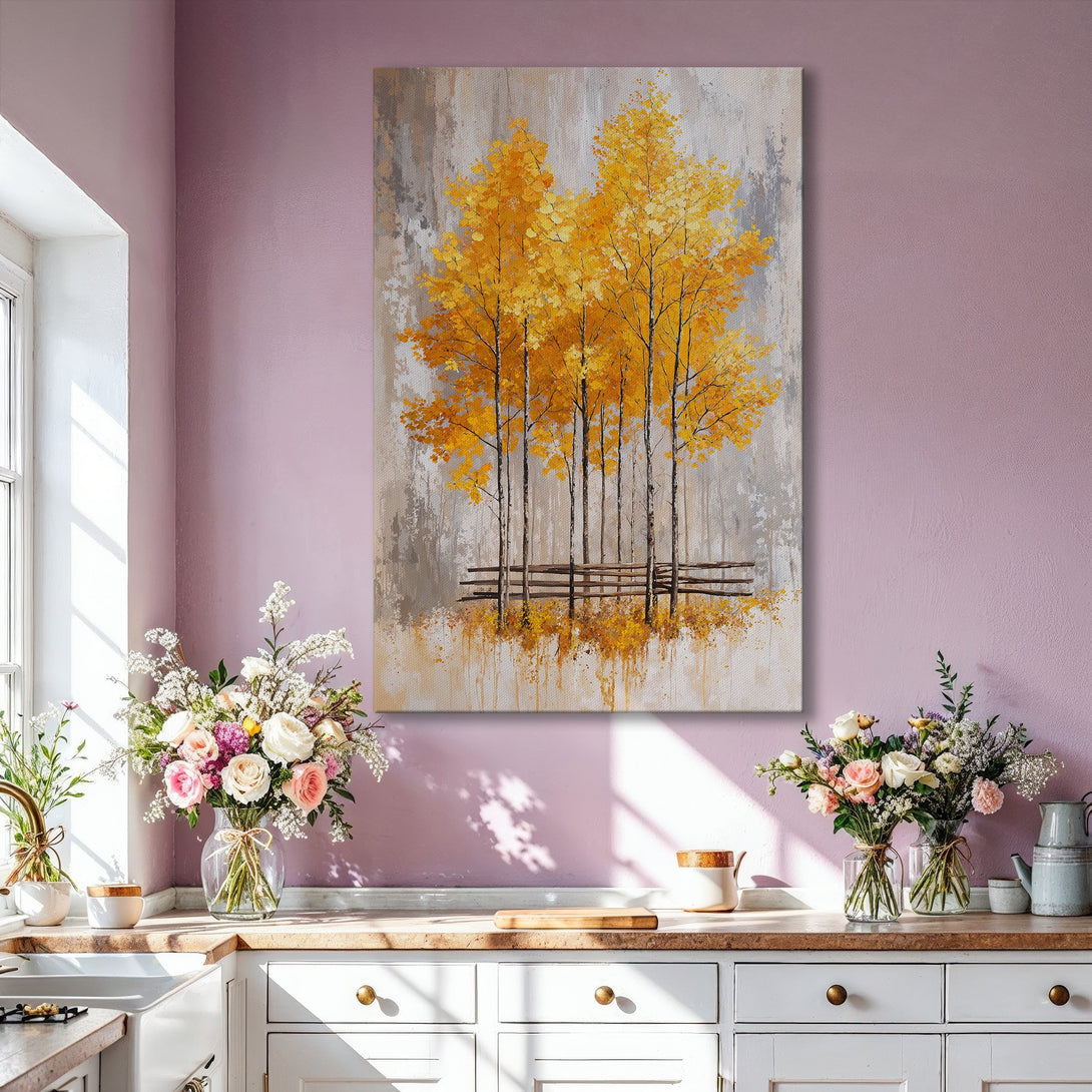 Framed Wall Art: Abstract landscape with golden trees. Neutral gray and yellow color palette. Perfect for modern living room decor.