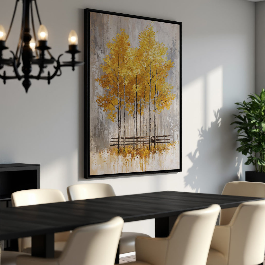 Framed Wall Art: Abstract yellow trees painting. Neutral color palette. Perfect for dining room decor. Shop modern canvas prints for your home.