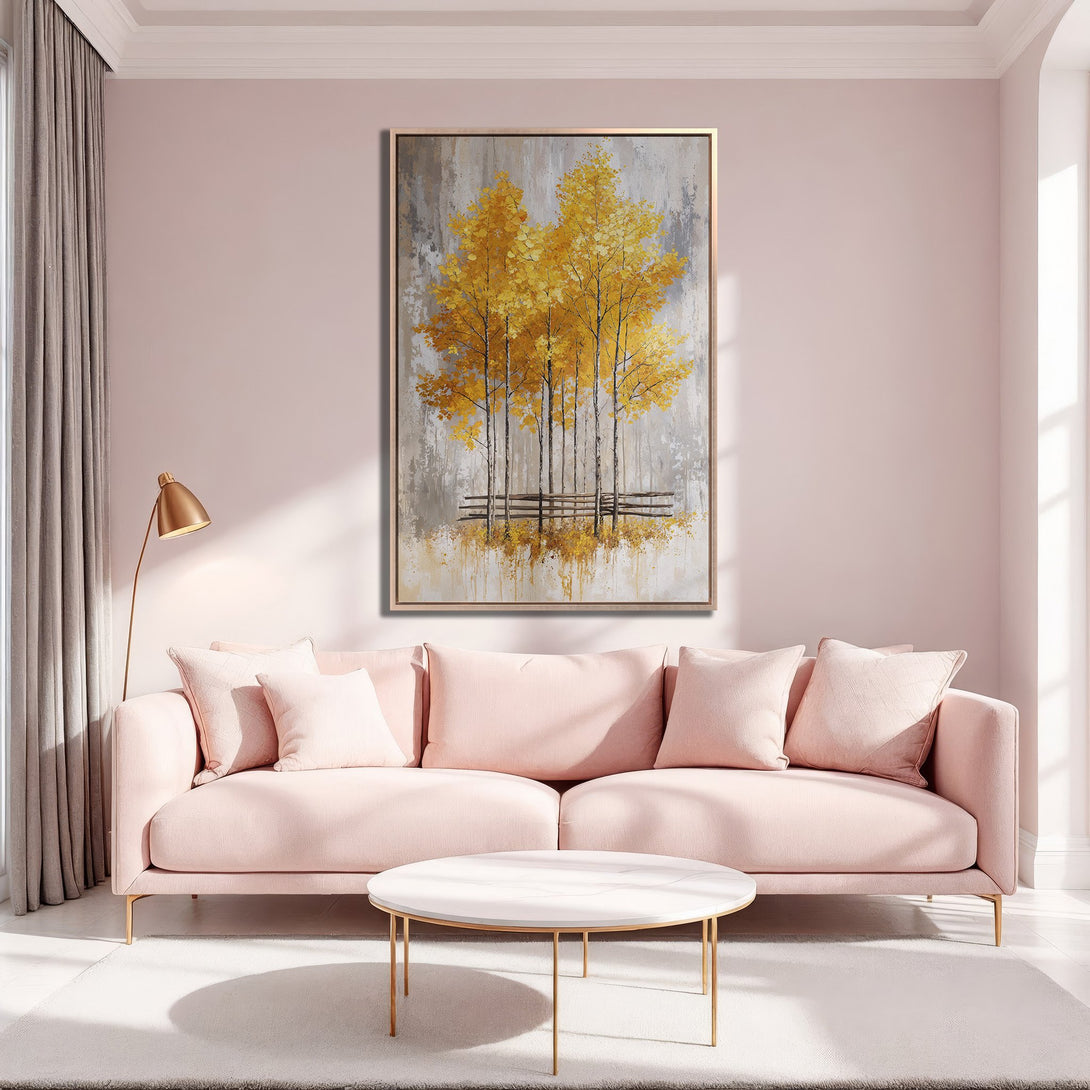 Framed Wall Art: Abstract yellow trees painting in a gold frame. Modern art piece with a neutral gray and gold color palette, perfect for home decor.