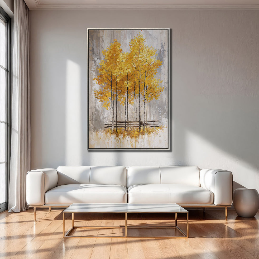 Framed Wall Art: Abstract painting of golden trees. Modern style, neutral gray and yellow color palette, perfect for living room decor.