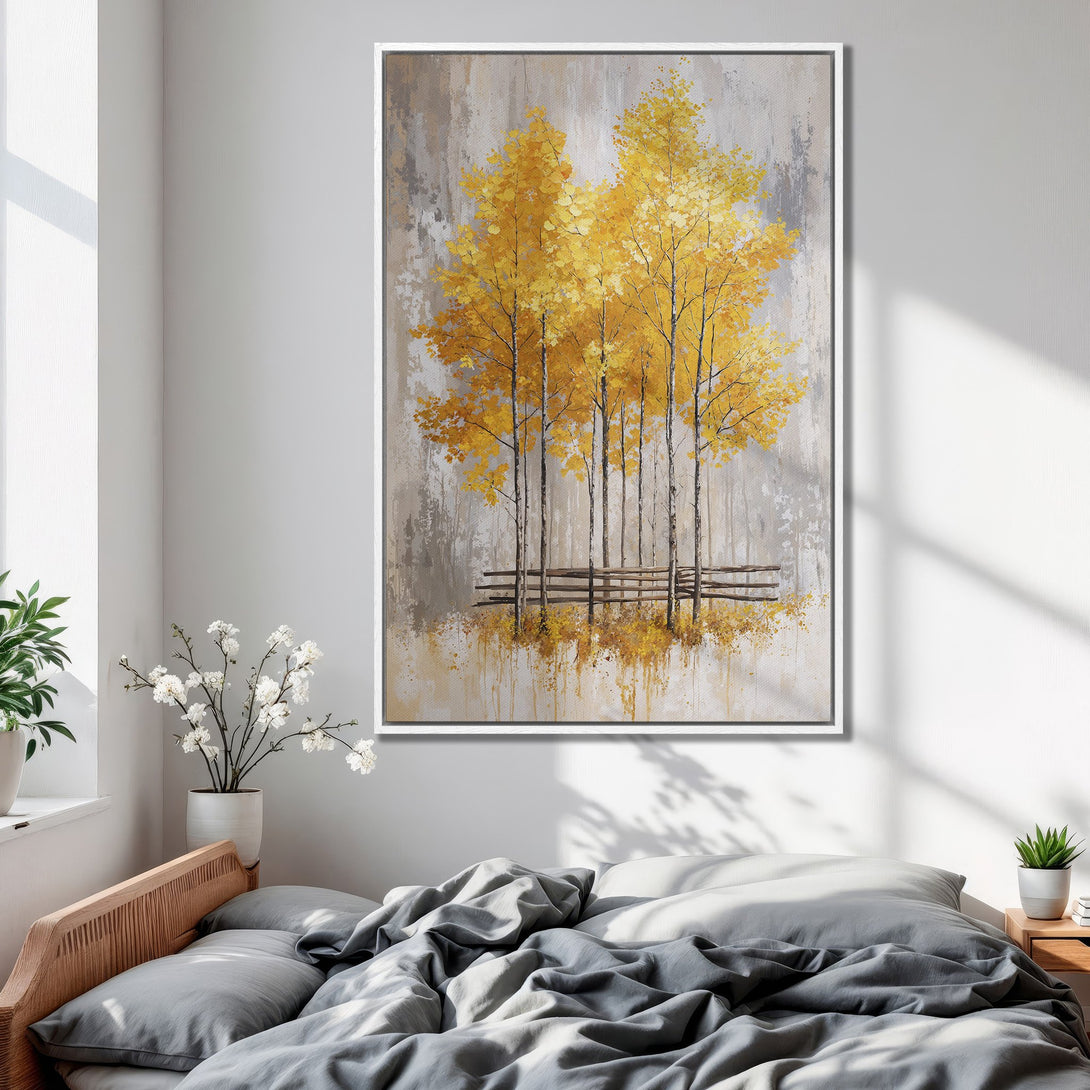 Framed Wall Art: Abstract landscape with yellow trees, neutral gray background, and a touch of brown. Perfect for adding warmth to any room.