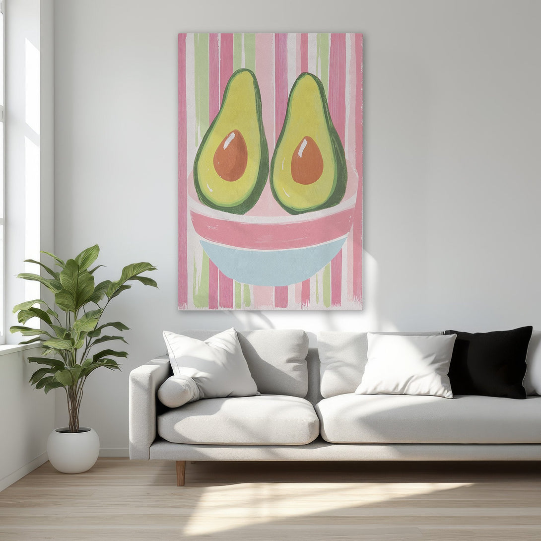 Framed Wall Art: Whimsical avocado painting in a modern style. Features a playful design with a pink, green, and blue color palette, perfect for adding fun to any room.