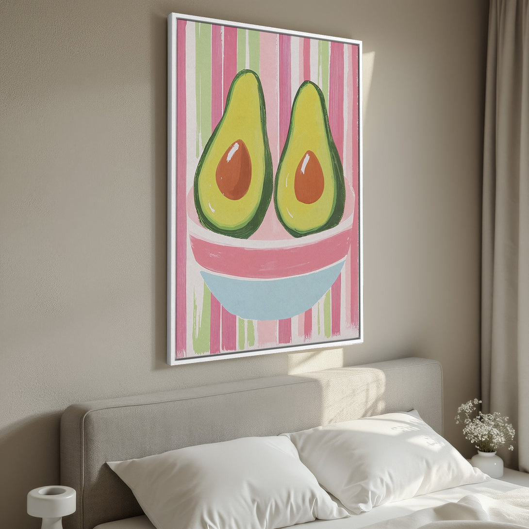 Framed Wall Art featuring a whimsical avocado painting in a colorful pink, green, and blue palette. Perfect for adding a fun, modern touch to any room.