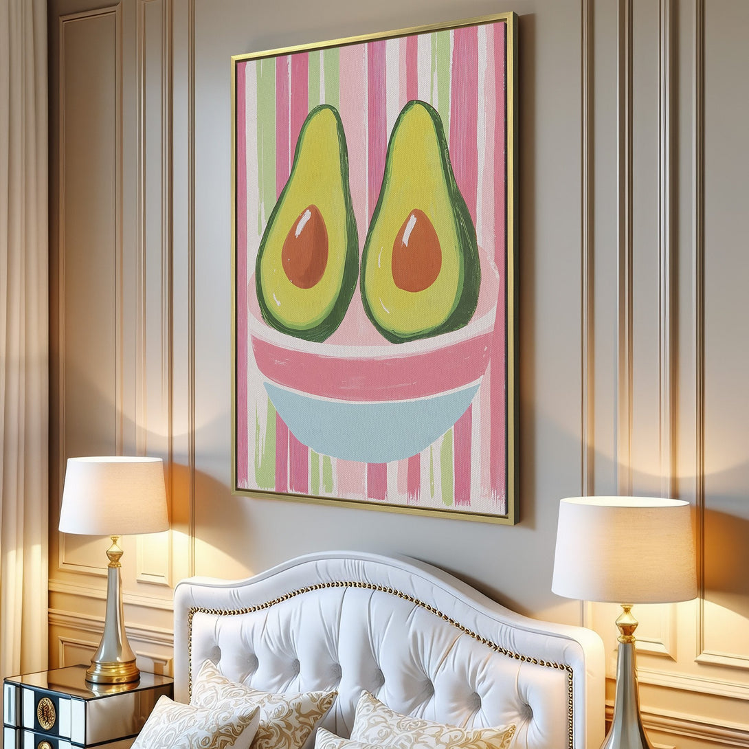 Canvas Print featuring a fun avocado design in a whimsical style with pink, green, and blue stripes. Perfect wall art for a modern interior.