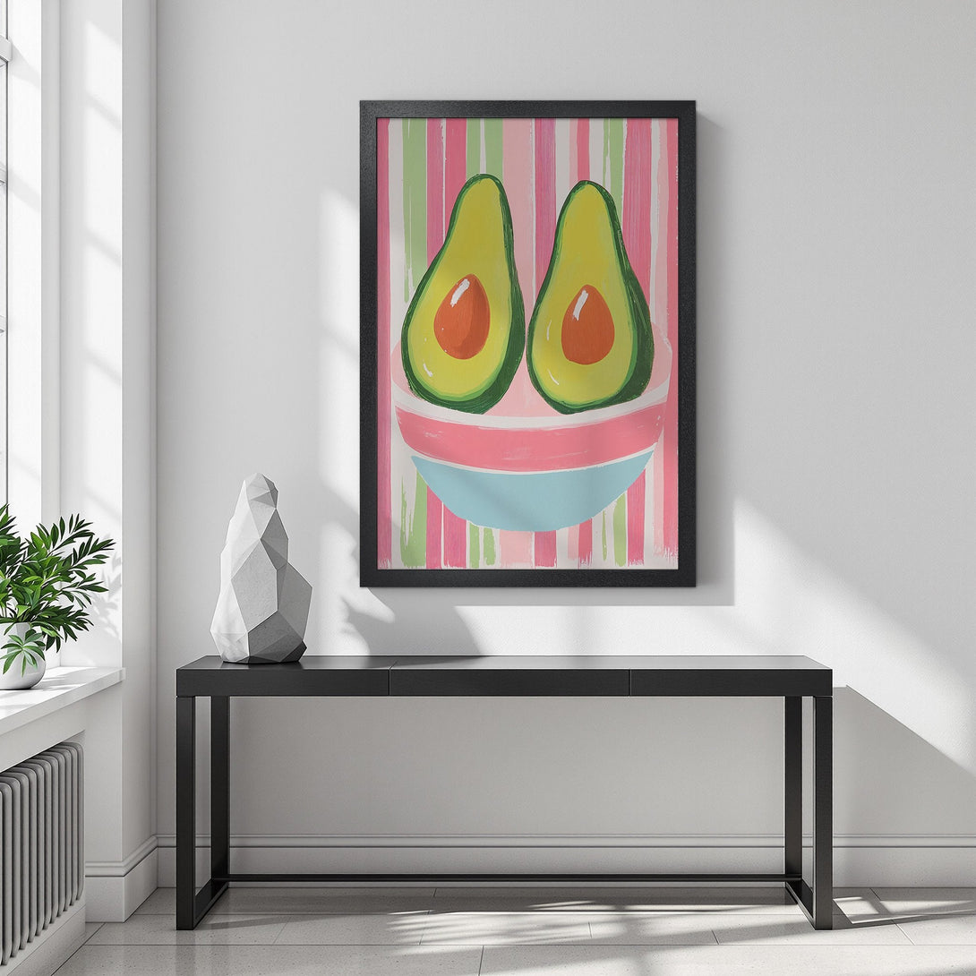 Framed Poster of happy avocado art in bright pink, green, and blue. Fun, modern style for kitchen decor.