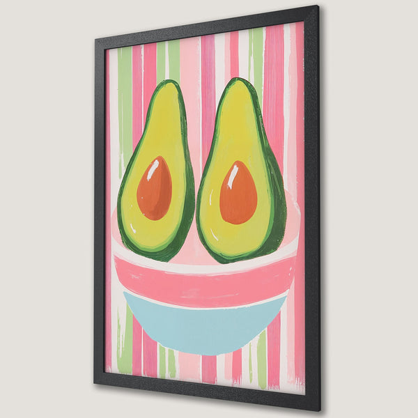 Framed Poster featuring a fun avocado design in a vibrant, colorful palette. Perfect wall art for kitchen or dining room!