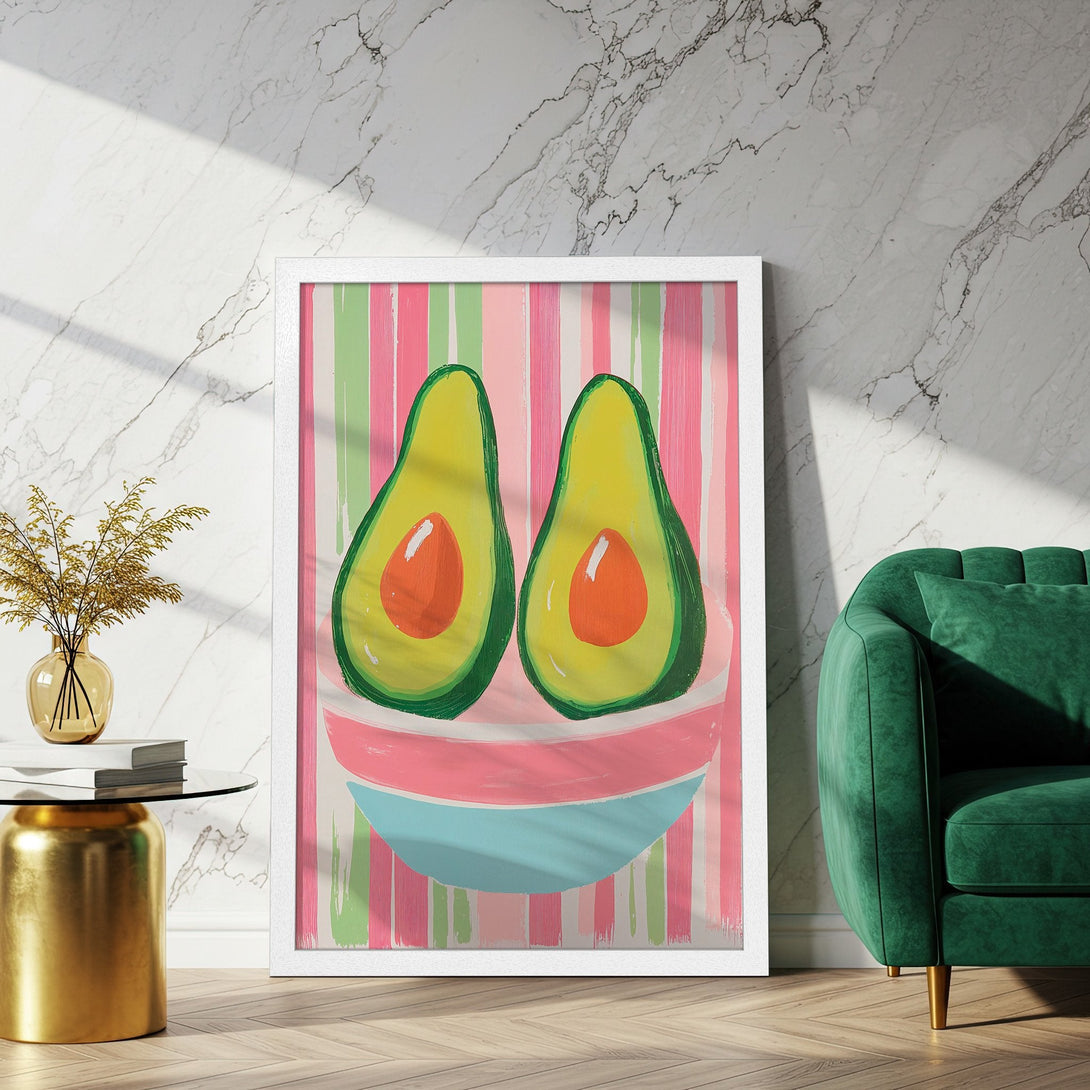 Framed Poster featuring avocado art with a playful style and a pink, green, and blue color palette. Perfect for kitchen decor!