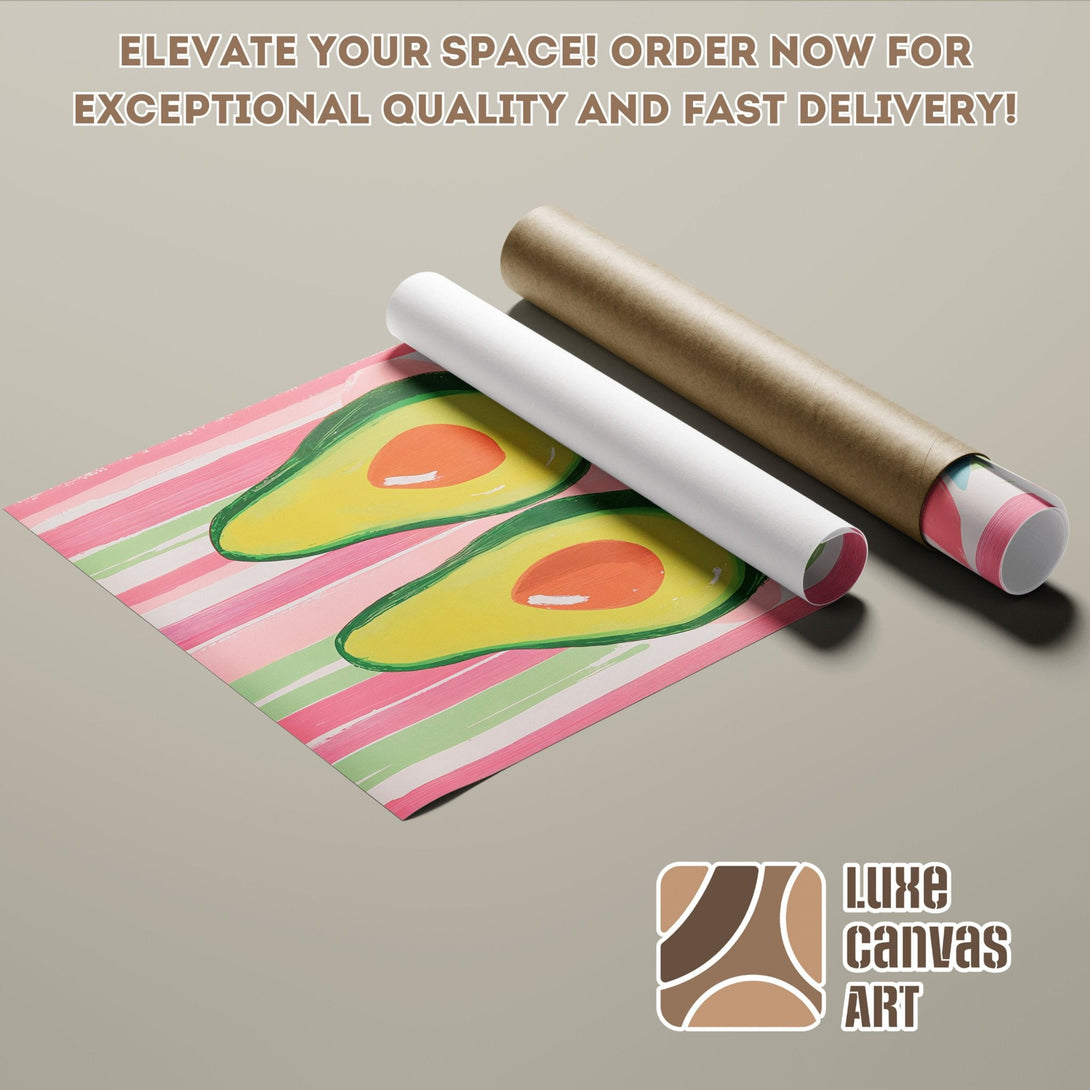 Avocado Poster Roll, watercolor style, pink, green, and orange palette, perfect wall art.