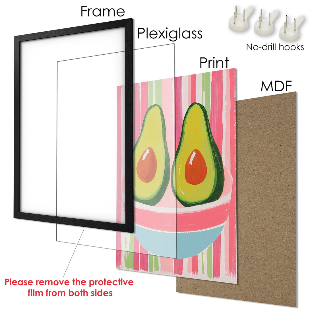 Framed Poster featuring vibrant avocado art in a playful style with a pink, green, and blue color palette. Perfect wall decor!