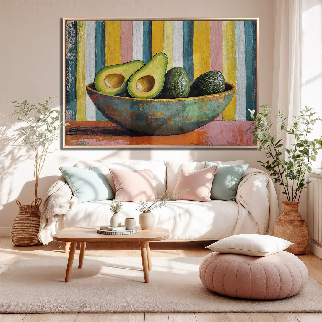Framed Wall Art of avocados in a bowl, vibrant abstract style with a colorful striped background. Adds a pop of color to any room!