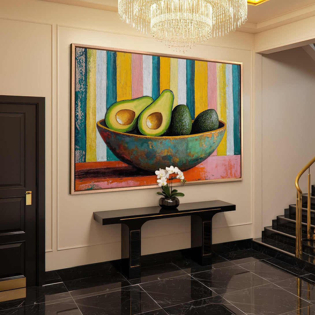 Framed Wall Art: Vibrant avocado still life painting with colorful striped background. Adds a pop of color to any interior. Modern art for your home.