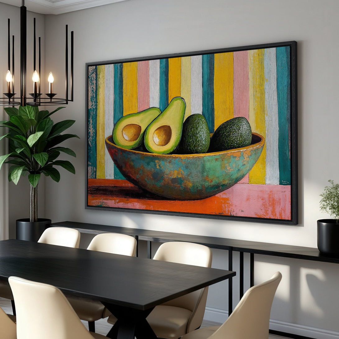 Framed Wall Art of avocados in a bowl. Colorful, modern painting with a vibrant, striped background. Perfect kitchen or dining room decor.