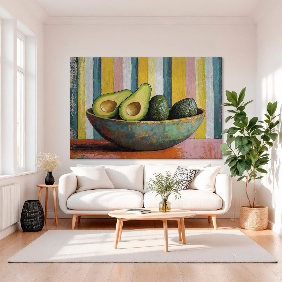 Framed Wall Art: Colorful avocado painting in a modern style. Vibrant palette of green, yellow, pink, and teal. Perfect for kitchen or dining room decor.