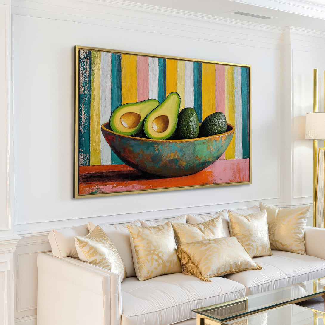 Canvas Print of avocados in a bowl, colorful abstract art with a modern style, perfect for kitchen or dining room decor.