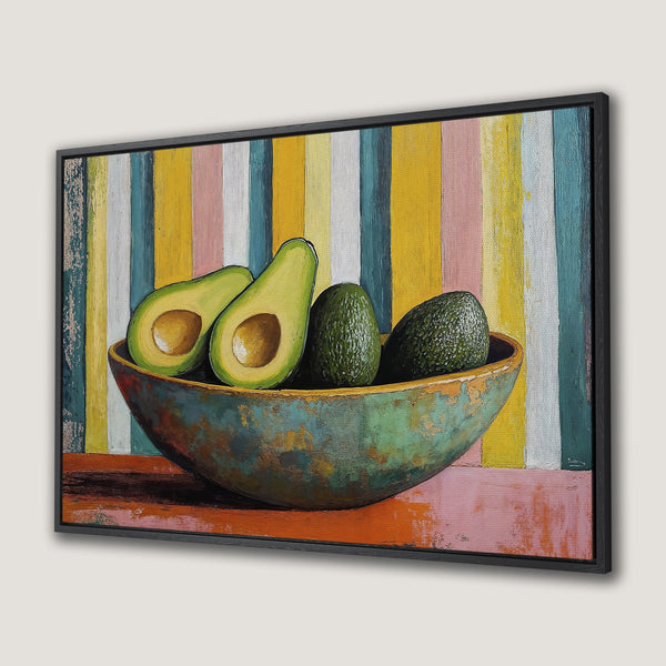 Framed Wall Art: Vibrant avocado still life with a colorful striped background. Modern art with green, yellow, pink, and teal hues. Perfect kitchen decor.