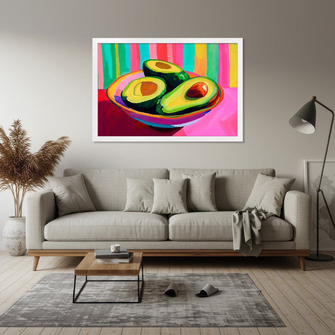 Framed Poster featuring vibrant avocado art in a pop art style with a colorful, eye-catching palette. Perfect wall decor!