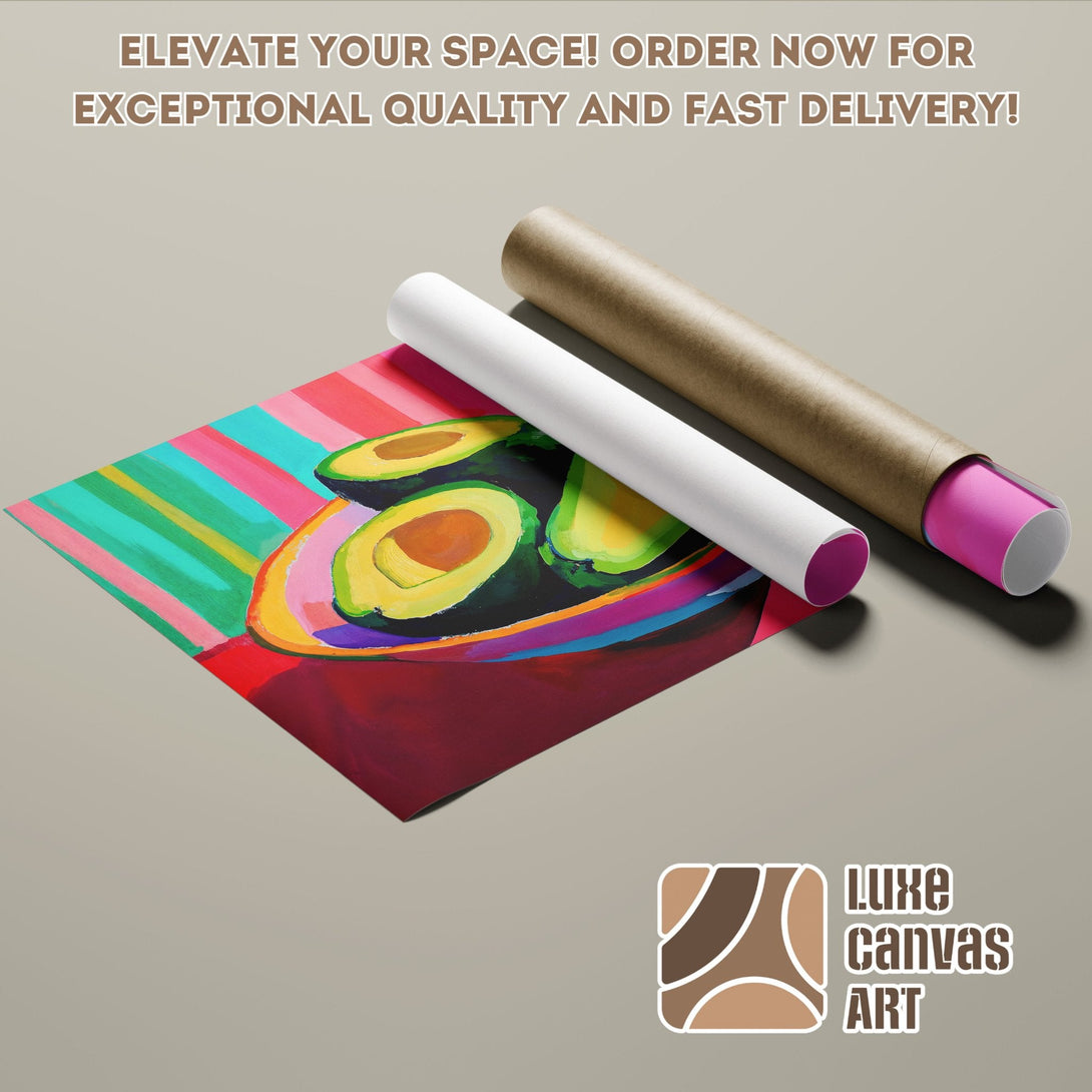 Avocado art Poster Roll. Colorful abstract style with vibrant green, pink, and yellow palette. Elevate your space today!