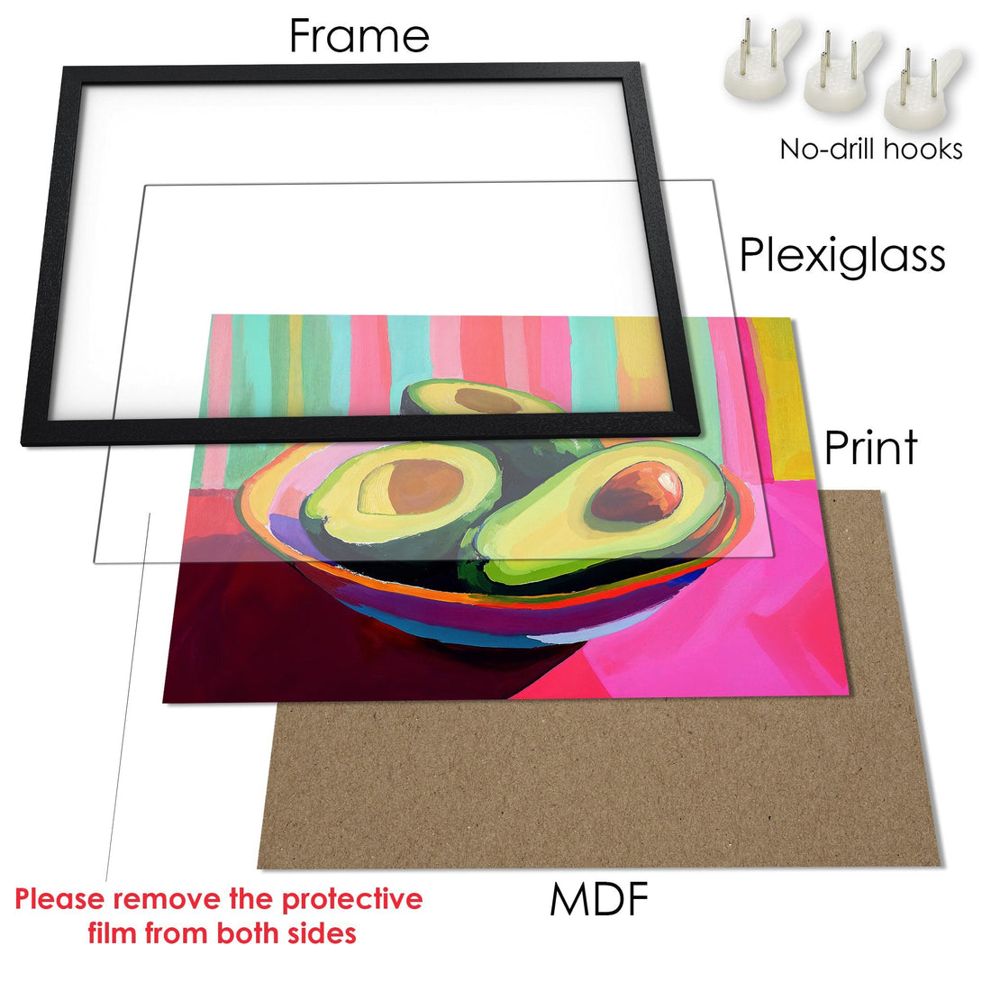 Framed Poster featuring vibrant avocado art in a colorful, modern style. Perfect wall decor with a pink, green, and purple palette.