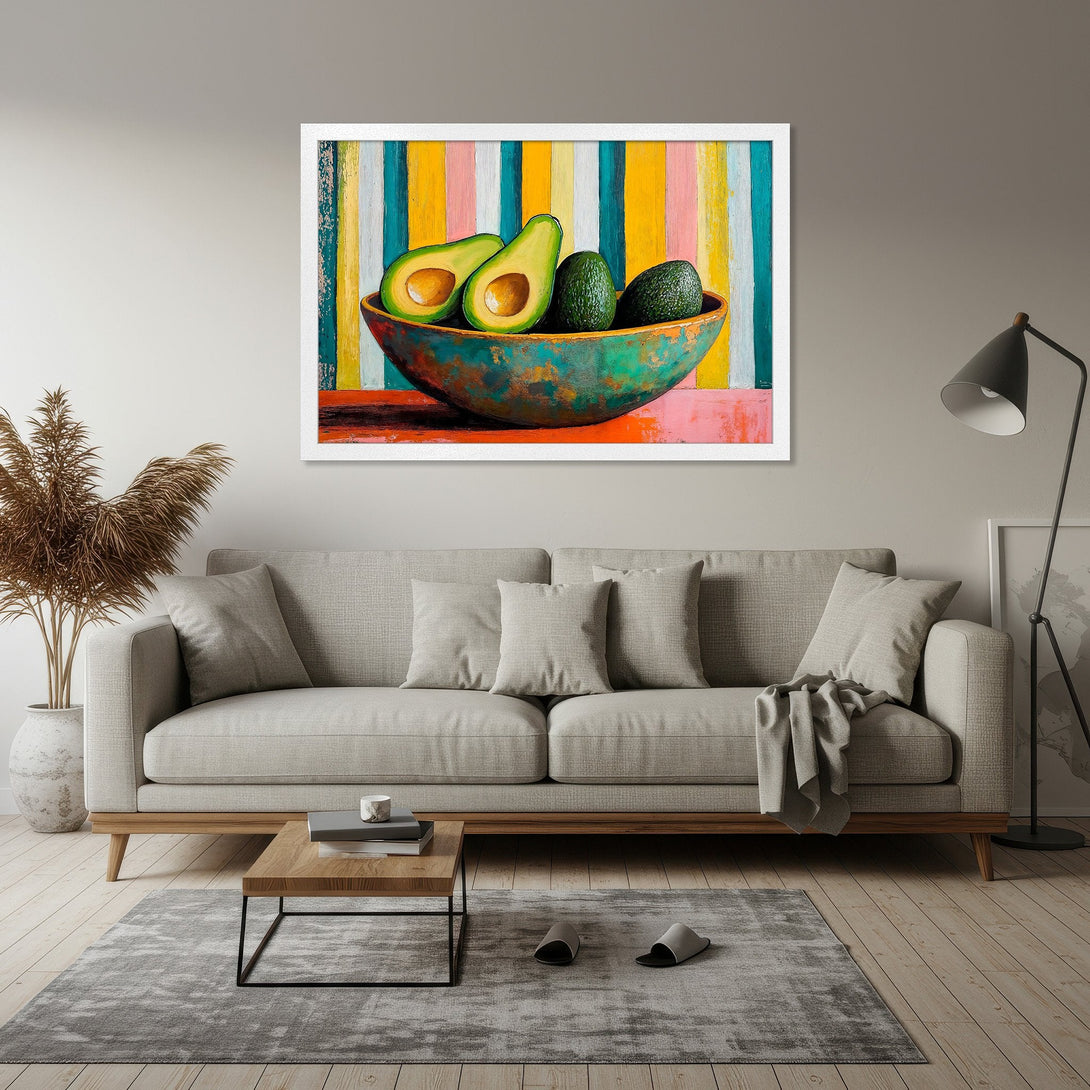 Framed Poster featuring vibrant avocado still life art. Colorful, modern style with a bold, warm color palette. Perfect wall decor!