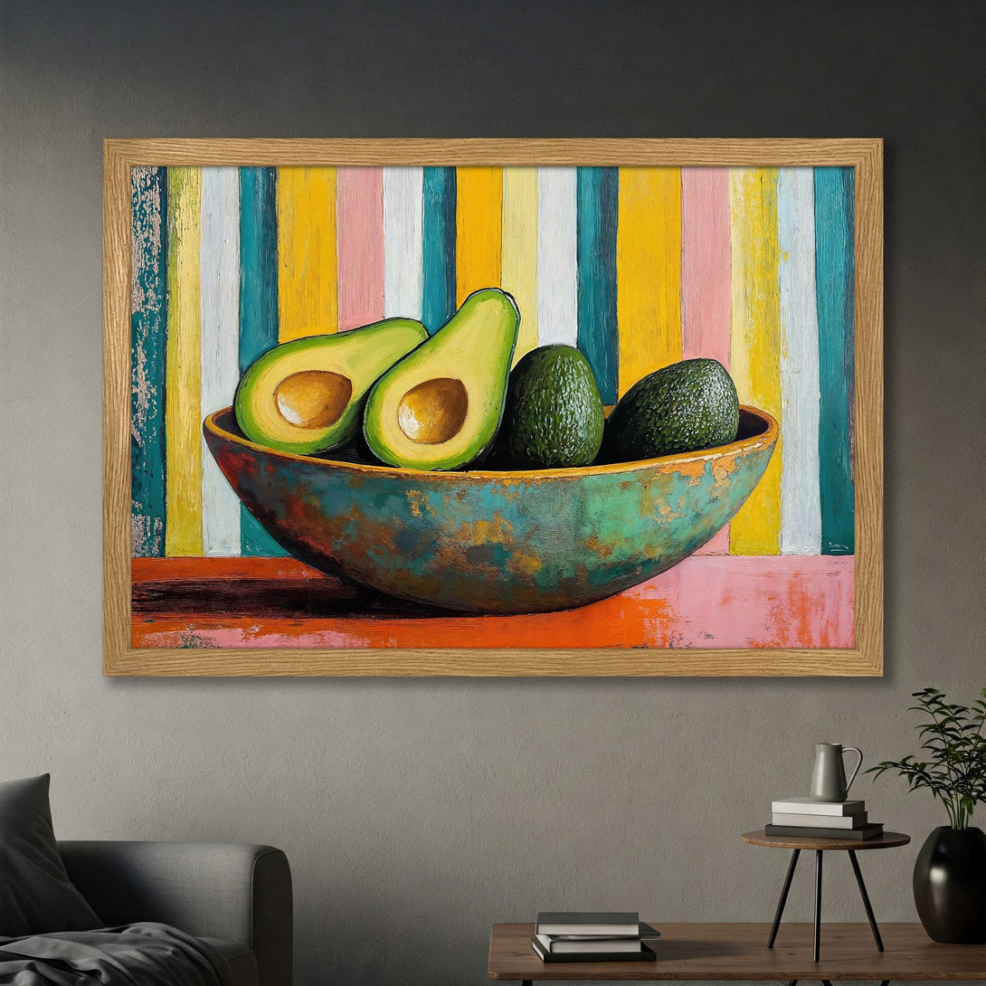 Framed Poster featuring a still life of avocados in a bowl. Colorful, abstract style with a vibrant, warm color palette. Perfect wall art!