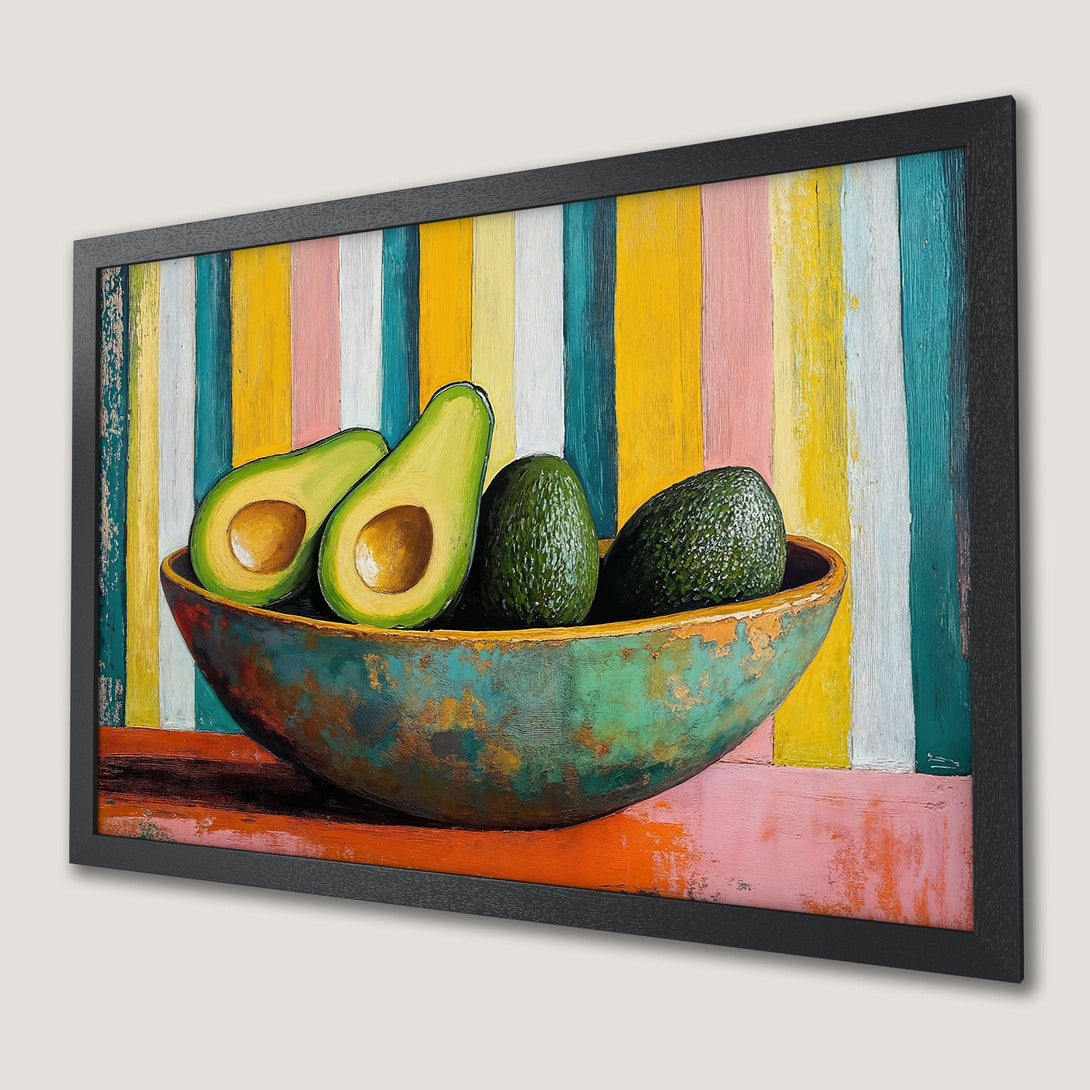 Framed Poster of avocados in a bowl, colorful abstract style, vibrant palette of greens, yellows, and pinks.