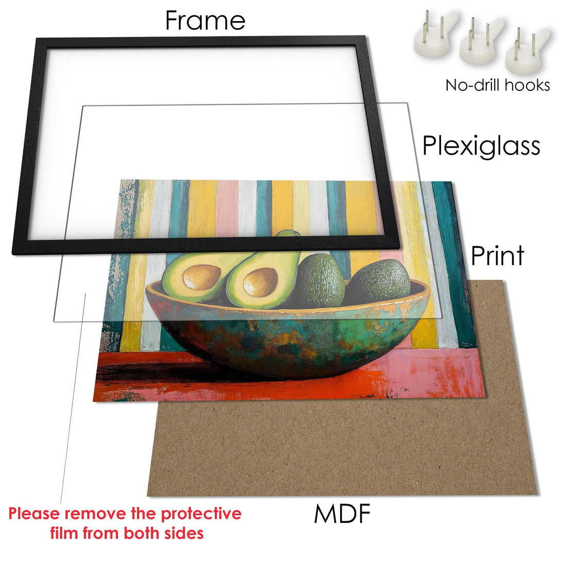 Framed Poster featuring an avocado still life in vibrant colors. Perfect art print for your kitchen or dining room.