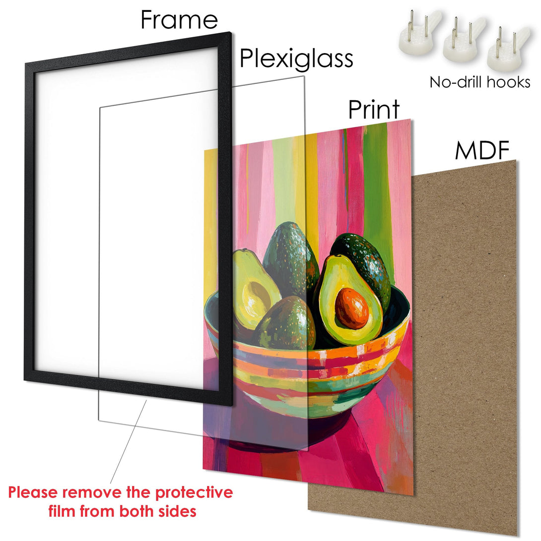 Framed Poster featuring a colorful avocado still life. Modern art style with a vibrant pink, green, and yellow palette. Perfect wall decor!