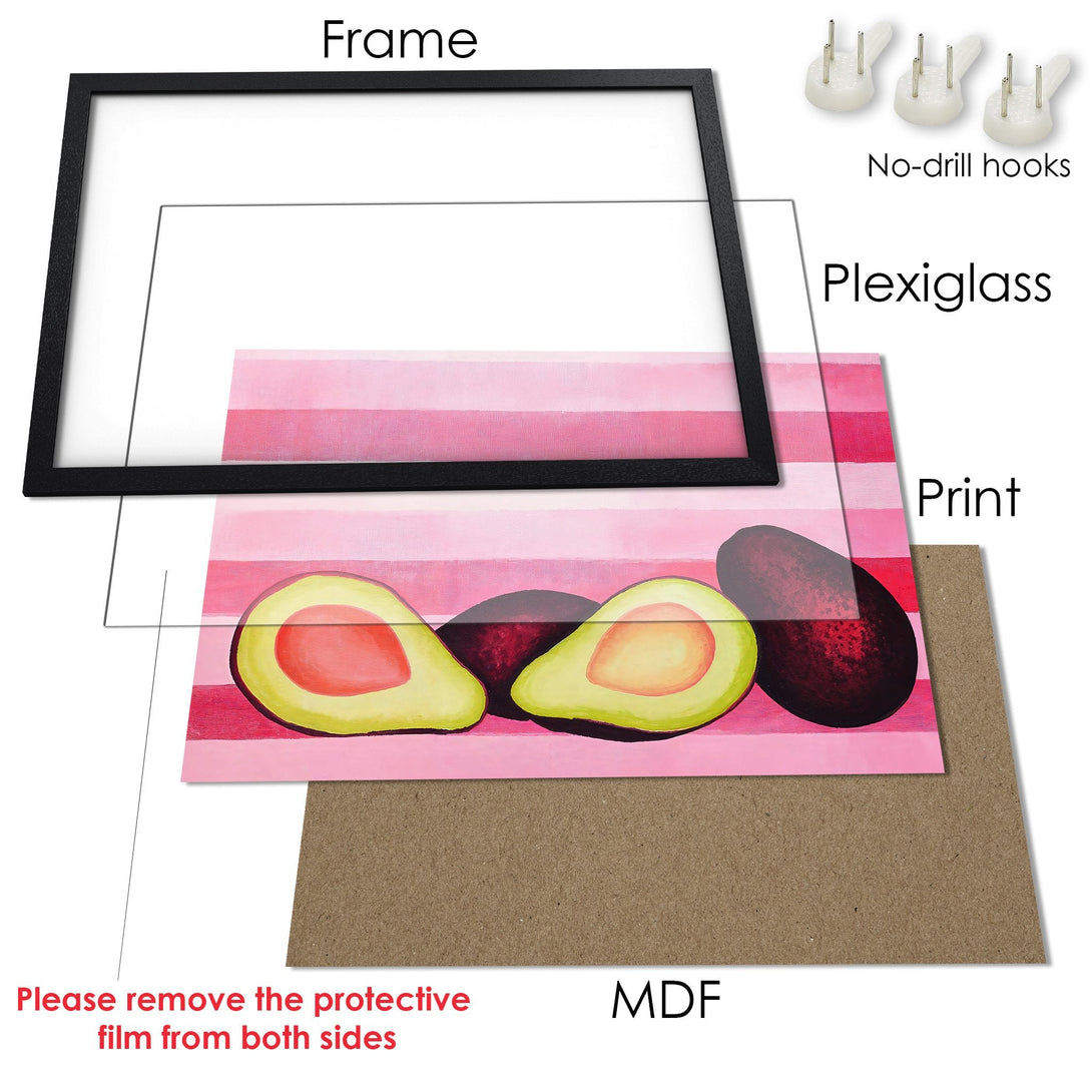 Framed Poster featuring avocado art in a modern style with a pink color palette. Perfect wall decor!