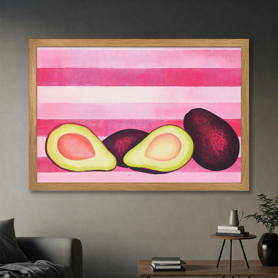 Framed Poster featuring vibrant avocado art in a modern style with a pink and red color palette. Perfect for kitchen decor!