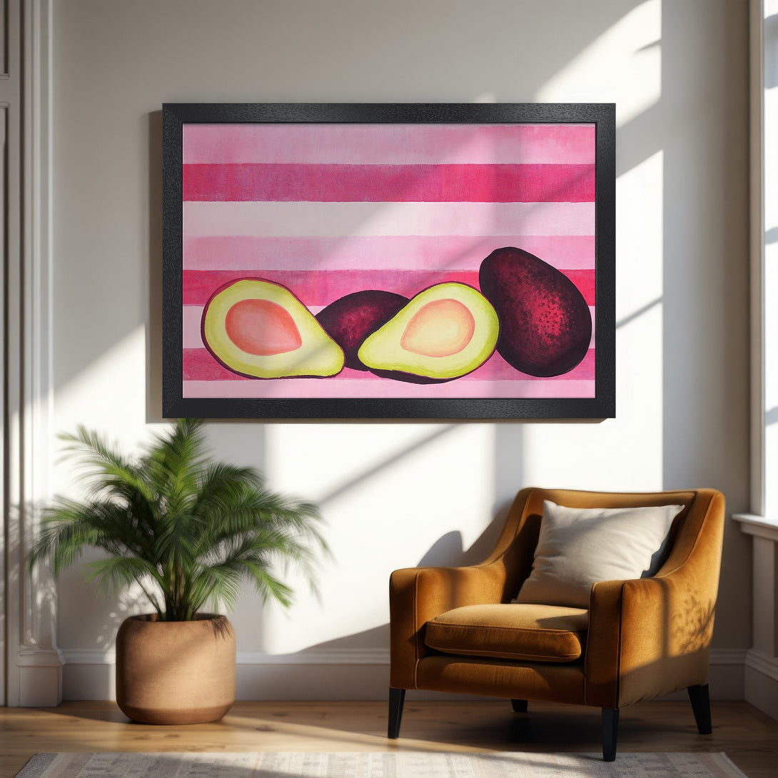 Framed Poster featuring avocado art in a modern style with a pink and red color palette, perfect for kitchen decor.
