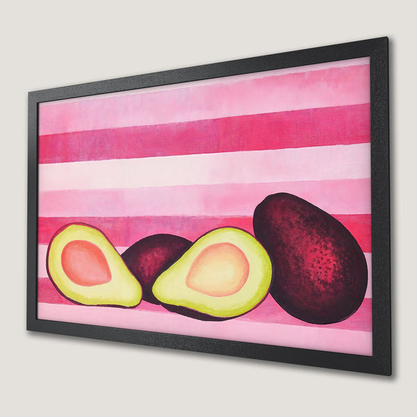Framed Poster featuring avocado art in a vibrant pink palette. Perfect for kitchen decor!