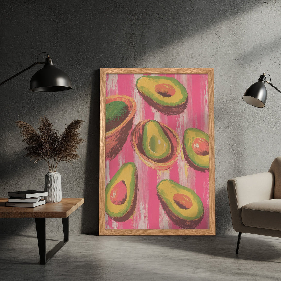 Framed Poster featuring vibrant avocado art in a bold, painterly style with a pink and green color palette. Perfect kitchen decor!